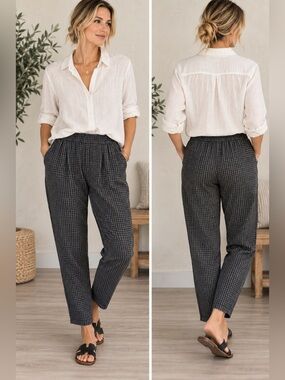 Eileen Fisher Organic Linen Gingham Tapered Pull On Pants Medium